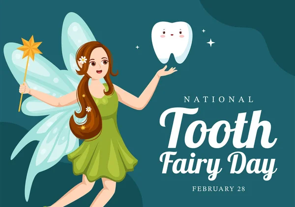 歯科治療のための子供を助けるために小さな女の子と全国歯の妖精の日フラット漫画ハンドドローテンプレートイラストのポスターとしてフィット — ストックベクタ