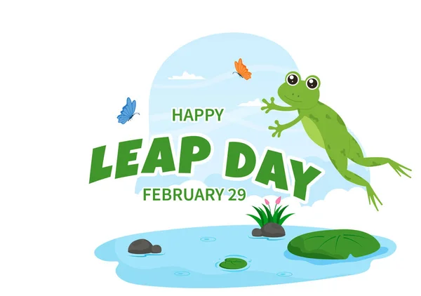 Happy Leap Day Februar Mit Niedlichen Frosch Flachen Stil Cartoon — Stockvektor