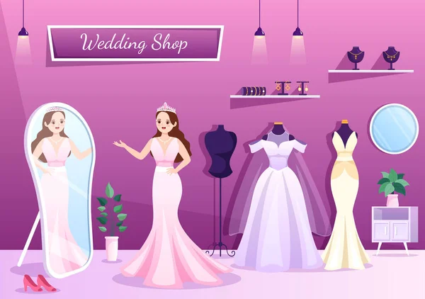 Boutique Mariage Avec Bijoux Belles Robes Mariée Accessoires Adaptés Affiche — Image vectorielle