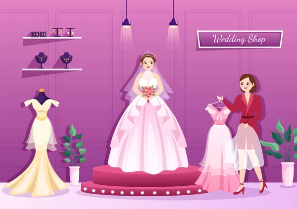 Wedding Shop Jewelry Beautiful Bride Gowns Accessories Suitable Poster Flat — 스톡 벡터