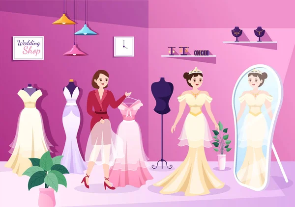 Esküvői Shop Ékszerek Gyönyörű Menyasszony Ruhák Kiegészítők Alkalmas Plakát Lapos — Stock Vector