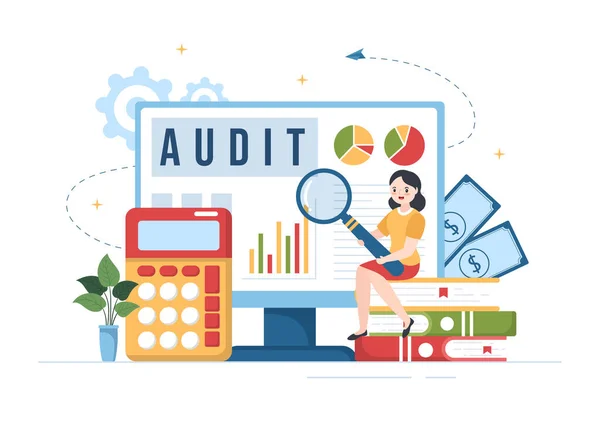 Business Audit Documents Charts Accounting Calculations Financial Report Analytics Flat — Wektor stockowy