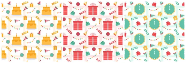 Conjunto Feliz Año Nuevo 2023 Diseño Patrones Sin Costuras Con — Vector de stock
