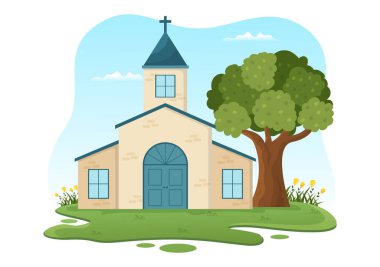 Katedral Tapınağı Binası ve Dini Din Yeri Mimarisi Düz El Çizim Şablonunda Lüteryen Kilisesi