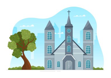 Katedral Tapınağı Binası ve Dini Din Yeri Mimarisi Düz El Çizim Şablonunda Lüteryen Kilisesi