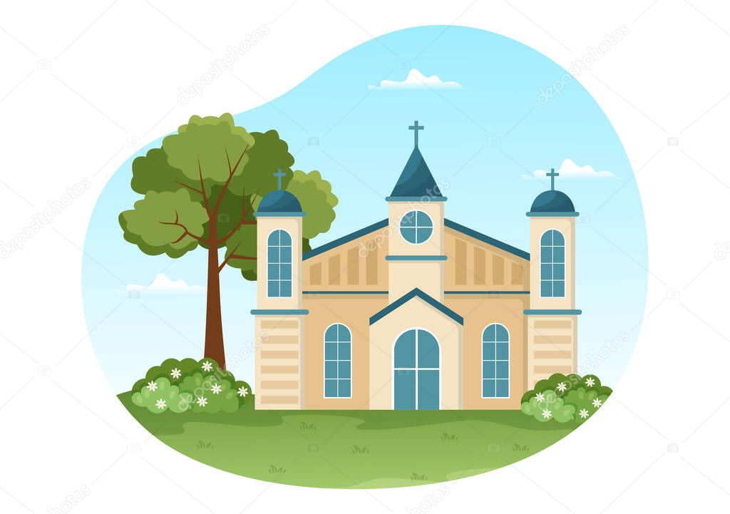 Lutheran Church with Cathedral Temple Building and Christian Religion Place Architecture in Flat Cartoon Hand Drawn Template Illustration