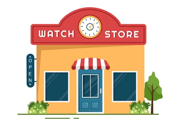 在平面漫画手绘模板图解中 你可以在钟表店购买各种型号 模拟和数字手表 — 图库矢量图片