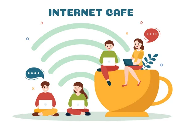 Internet Cafe Young People Playing Games Workplace Use Laptop Talking — 스톡 벡터
