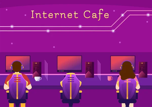 Café Internet Jeunes Gens Jouant Des Jeux Lieu Travail Utiliser — Image vectorielle