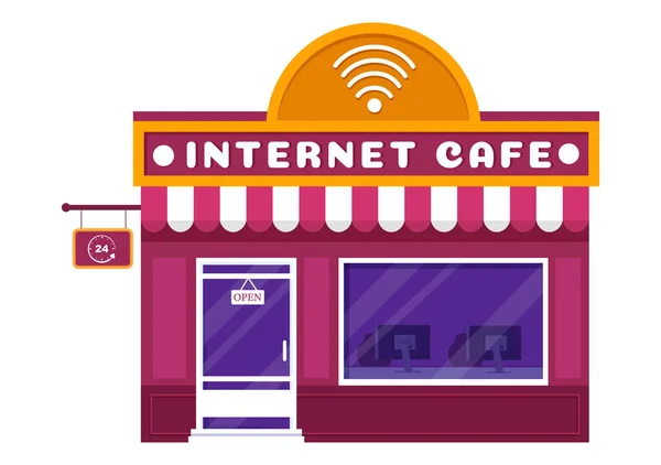 Internet Cafe Building Playing Games Workplace Use Laptop Talking Drinking — 스톡 벡터