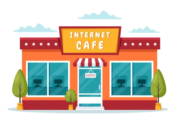 Edifício Café Internet Para Jogar Jogos Local Trabalho Use Laptop —  Vetores de Stock