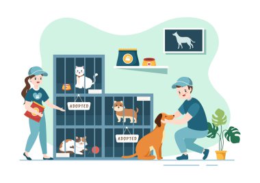 Bir Hayvan Barınağı Evcil Hayvanı Düz El Çizim Şablonunda Bakılacak ve Bakılacak Kedi ve Köpekler Biçiminde Evlat Edin