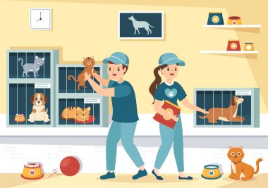 Bir Hayvan Barınağı Evcil Hayvanı Düz El Çizim Şablonunda Bakılacak ve Bakılacak Kedi ve Köpekler Biçiminde Evlat Edin