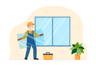 Ev Tamiri ve Yenileme İşçisi ile Pencere ve Kapı Kurma Servisi Düz El Çizim Çizim Şablonunda Kullanım Araçları