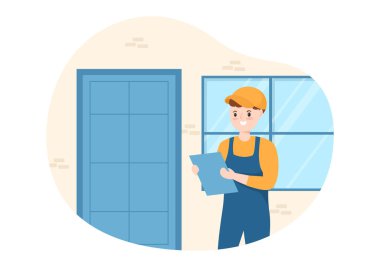 Ev Tamiri ve Yenileme İşçisi ile Pencere ve Kapı Kurma Servisi Düz El Çizim Çizim Şablonunda Kullanım Araçları