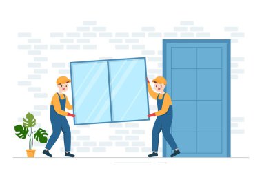 Ev Tamiri ve Yenileme İşçisi ile Pencere ve Kapı Kurma Servisi Düz El Çizim Çizim Şablonunda Kullanım Araçları