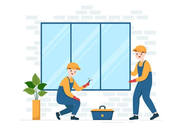 平面卡通画手绘模板图解中的门窗安装服务及工人家庭维修和装修工具的使用 — 图库矢量图片