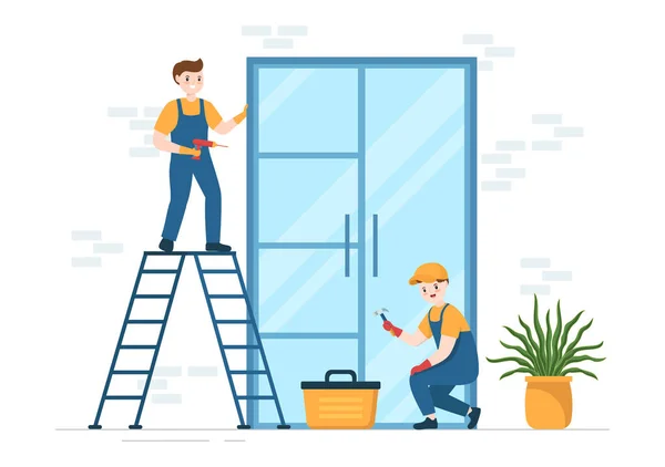 Fenster Und Türeinbau Service Mit Arbeitern Für Reparatur Und Renovierung — Stockvektor