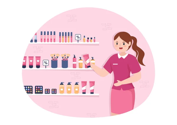 Magasin Cosmétiques Avec Fille Soins Peau Cosmétiques Parfums Maquillage Produits — Image vectorielle