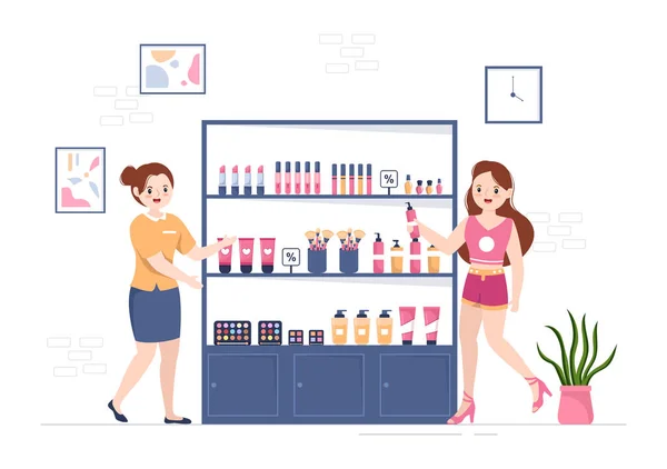 Magasin Cosmétiques Avec Fille Soins Peau Cosmétiques Parfums Maquillage Produits — Image vectorielle