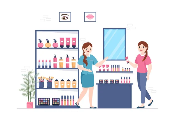 Cosmetica Winkel Met Meisje Huidverzorging Cosmetische Parfum Make Schoonheidsproducten Keuze — Stockvector