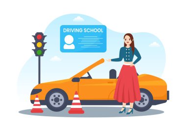 Sürüş Eğitimi Araba Eğitimi Süreci ve Sürücü Ehliyetini Düz Çizim El Çizim Şablonunda Almak İçin Öğrenme