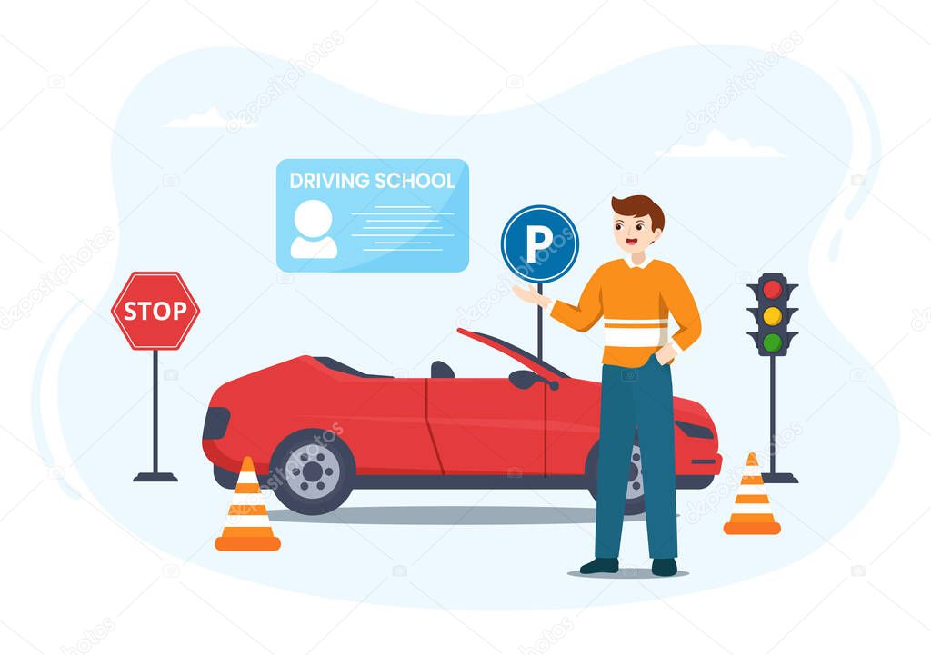 Driving School with Education Process of Car Training and Learning to Drive to Get Drivers License in Flat Cartoon Hand Drawn Templates Illustration