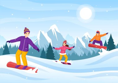 Karlı Dağ Yamacında Kayan ve Sıçrayan İnsanlar ile Snowboard yapmak veya Düz El Çizim Çizimi İçinde Yamaç