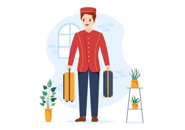 Otel çalışanı Gezginlere Çizgi El Çizimi Şablon Resimlerinde Hizmet Edecek