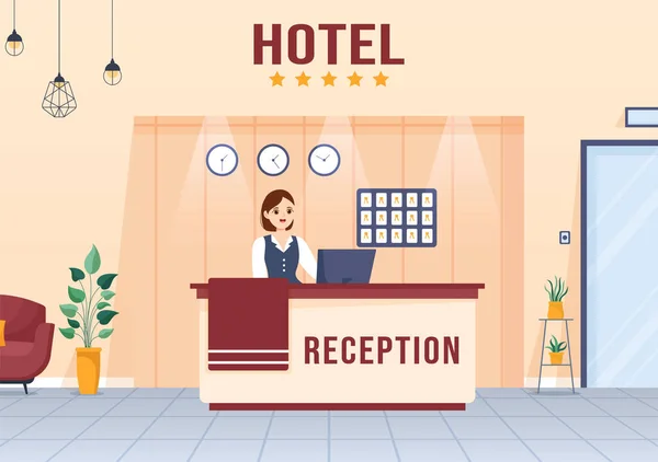 酒店接待处与接待员及旅客为预订平面漫画手绘模板图解而举行的内部招待会 — 图库矢量图片
