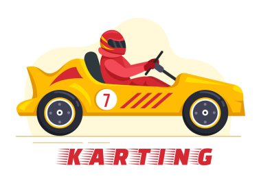 Yarış Oyunu Go Kart ya da Mini Car ile Karting Sporu Düz Çizim El Çizim Şablonunda Küçük Pist Üzerinde