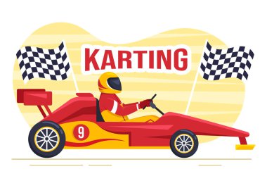 Yarış Oyunu Go Kart ya da Mini Car ile Karting Sporu Düz Çizim El Çizim Şablonunda Küçük Pist Üzerinde