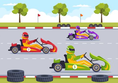 Yarış Oyunu Go Kart ya da Mini Car ile Karting Sporu Düz Çizim El Çizim Şablonunda Küçük Pist Üzerinde