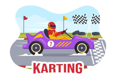Yarış Oyunu Go Kart ya da Mini Car ile Karting Sporu Düz Çizim El Çizim Şablonunda Küçük Pist Üzerinde