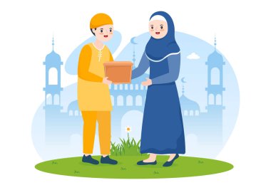 Düz Çizgi Film Poster Çizim Şablonu 'nda İhtiyacı Olan Kişiye Sadaka, Zeka veya Infaq Bağışı Yapan Müslümanlar