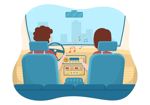 用扩音器或音响系统驾驶汽车听音乐的平面卡通海报手绘模板图解 — 图库矢量图片