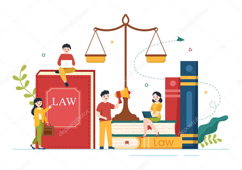 Law Firm Services with Justice, Legal Advice, Judgement and Lawyer Consultant in Flat Cartoon Poster Hand Drawn Templates Illustration
