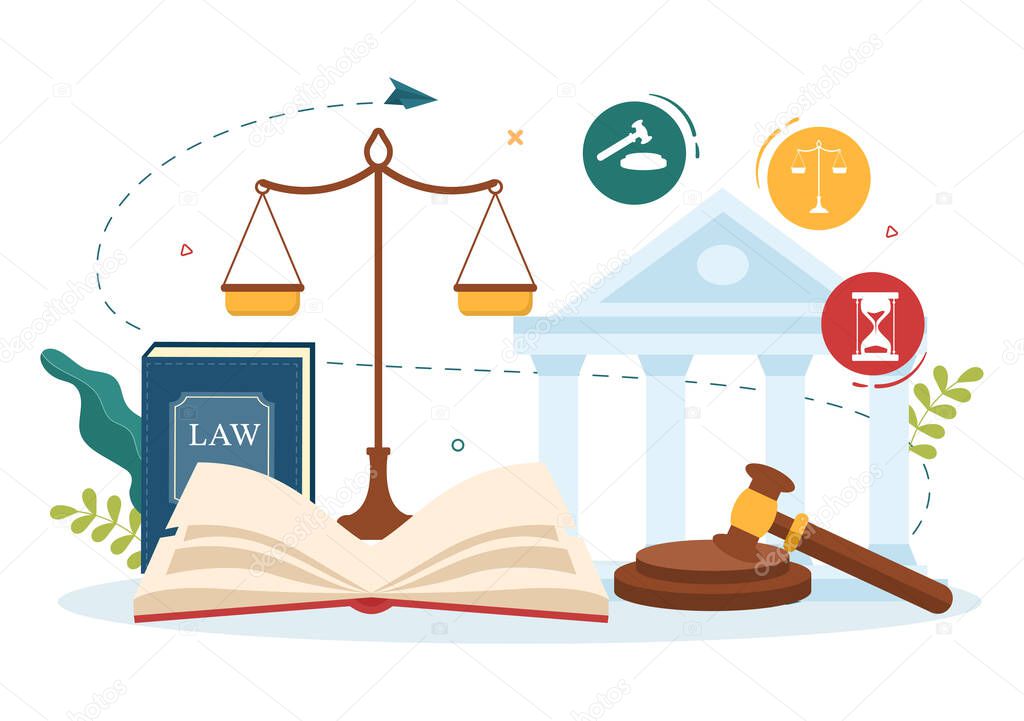 Law Firm Services with Justice, Legal Advice, Judgement and Lawyer Consultant in Flat Cartoon Poster Hand Drawn Templates Illustration