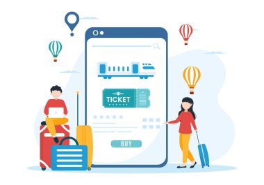 Çevrimiçi Seyahat Bilet Mağazası Taşımacılık ve Seyahat Sağlayıcı Uygulamasıyla Düz El Çizim Çizim Şablonu Çizimi