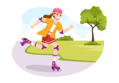 Şehir parkında paten kayan insanlar açık hava etkinliği, spor eğlencesi ya da çizgi film çizim şablonu için hafta sonu eğlencesi.