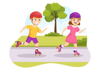 Açık hava etkinliği, spor eğlencesi için şehir parkında paten kayan çocuklar ya da hafta sonu boş vakitlerinde düz çizgi film çizim şablonları.