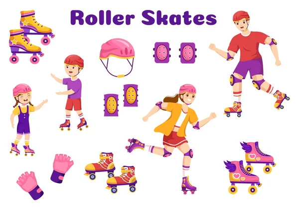 Kids Riding Roller Skates City Park Outdoor Activity Sport Recreation — 스톡 벡터