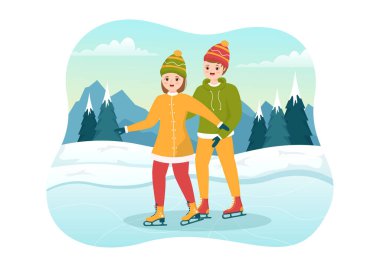 İnsanlar Buz Paten Pisti 'nde Açık Hava Etkinliği ya da Spor Eğlencesi İçin Kış Giysileri Giyerek Düz Çizgi El Çizim Şablonları Resimlerinde Kayıyor