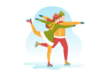İnsanlar Buz Paten Pisti 'nde Açık Hava Etkinliği ya da Spor Eğlencesi İçin Kış Giysileri Giyerek Düz Çizgi El Çizim Şablonları Resimlerinde Kayıyor