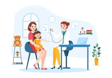 Pediyatrist Hasta Çocuklar ve Bebek SağIık Geliştirme, Aşı ve Tedavi İçin Düz Çizim El Çizim Şablonlarında Hasta Muayene Etti