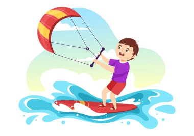 Uçurtma Çizimi Çocuk Uçurtma Sörfçüsü Yaz Denizi 'nde Kiteboard' un üzerinde duruyor Ekstrem Su Sporu Düz Çizgili Çizim El Şablonu