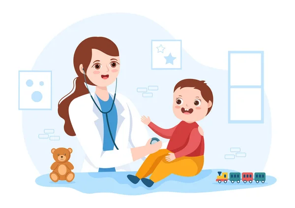 儿科医师对病童及婴幼儿进行体格发育 疫苗接种及治疗的研究 平面漫画手绘模板图解 — 图库矢量图片