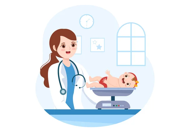Παιδίατρος Εξετάζει Άρρωστα Παιδιά Και Μωρό Για Την Ιατρική Ανάπτυξη — Διανυσματικό Αρχείο
