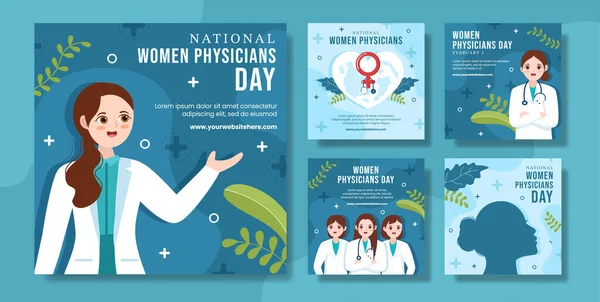 National Women Physicians Day Social Media Post Flat Cartoon Modelos —  Vetores de Stock