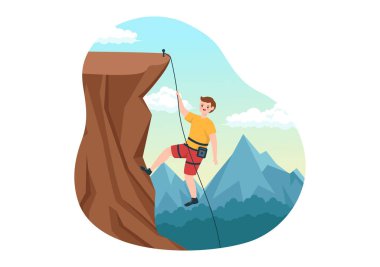 Cliff Climbing Illustration with Climber Climb Rock Wall or Mountain Cliffs and Extreme Activity Sport in Flat Cartoon Hand Drawn Template clipart
